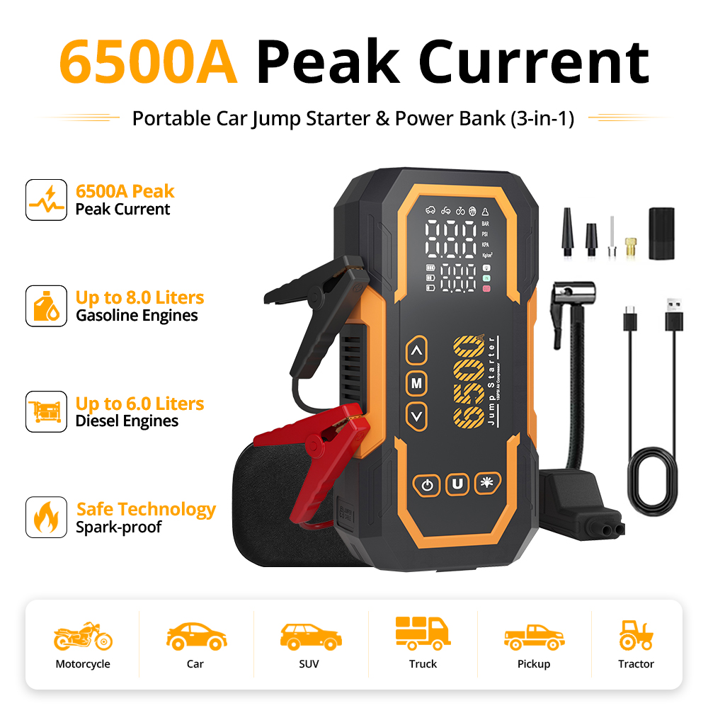 Solar Jump Starter Power Bank - Стартер автомобильного аккумулятора 6500A–12-вольтовый автомобильный аккумулятор